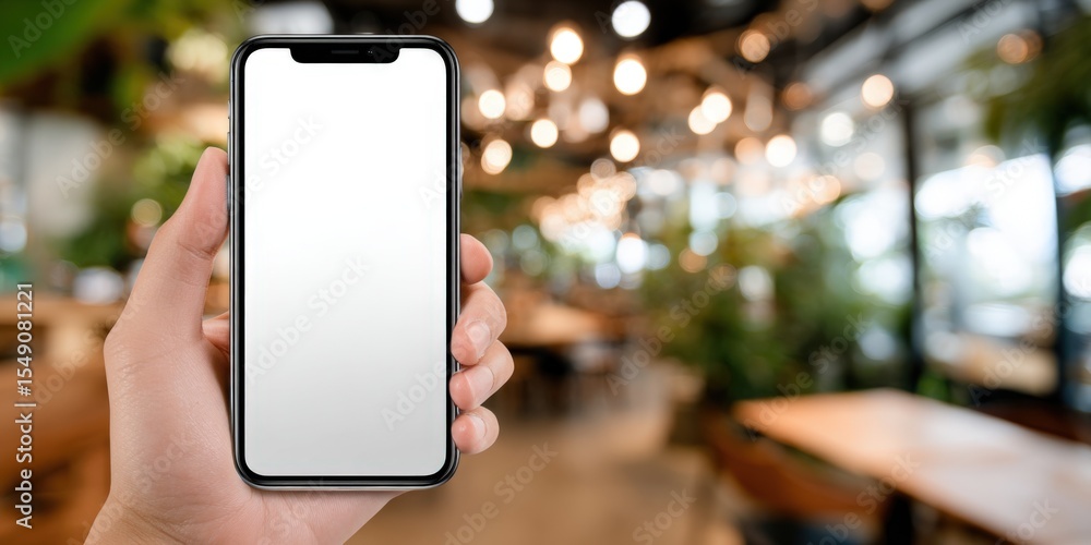 Poster modern smartphone with blank screen held in hand in cozy cafe with blurred background