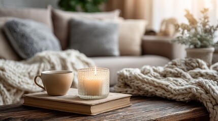 Cozy living room scene with soft cushions warm candlelit glow and knitted throw