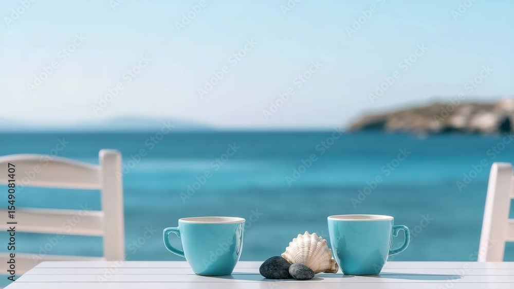 Poster two turquoise mugs and a seashell on a table overlooking the azure sea. perfect for a beach getaway.