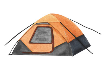camping and outdoor tent for holidays in the countryside, in nature, in the forest, orange and gray color, watercolor illustration for design, postcards, packaging, office supplies © Alla