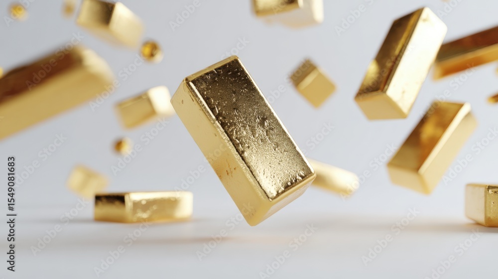 Poster dynamic close-up of golden bar blocks with reflections and floating motion effect