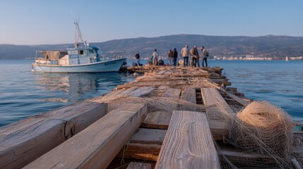 Fototapeta premium Long wooden pier extending over calm water with a boat and people in background