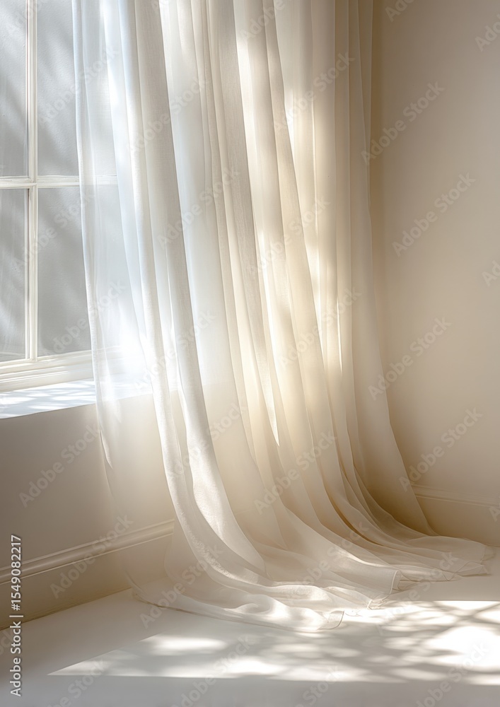 Poster bright sunlight shining through flowing sheer curtains creating soft shadow effects