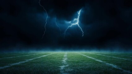 Storm lightning over football field with wet grass under dark cloud dramatic sky outdoor rain intense atmosphere white yard lines glowing night light - Powered by Adobe