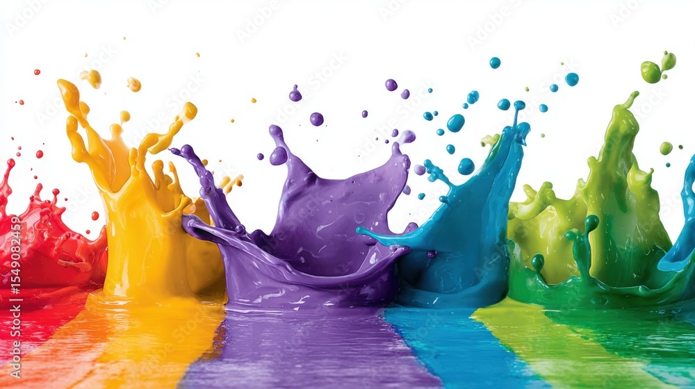 Poster Vibrant colorful paint splashes on a white background with dynamic motion and texture