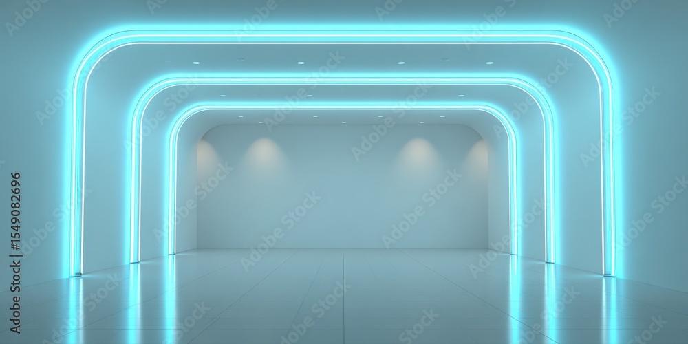 Poster futuristic neon blue tunnel with glowing archways and minimalistic design space