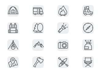 Camping in national parks in nature. Concept editable stroke outline icons set isolated on white background flat vector illustration. Pixel perfect