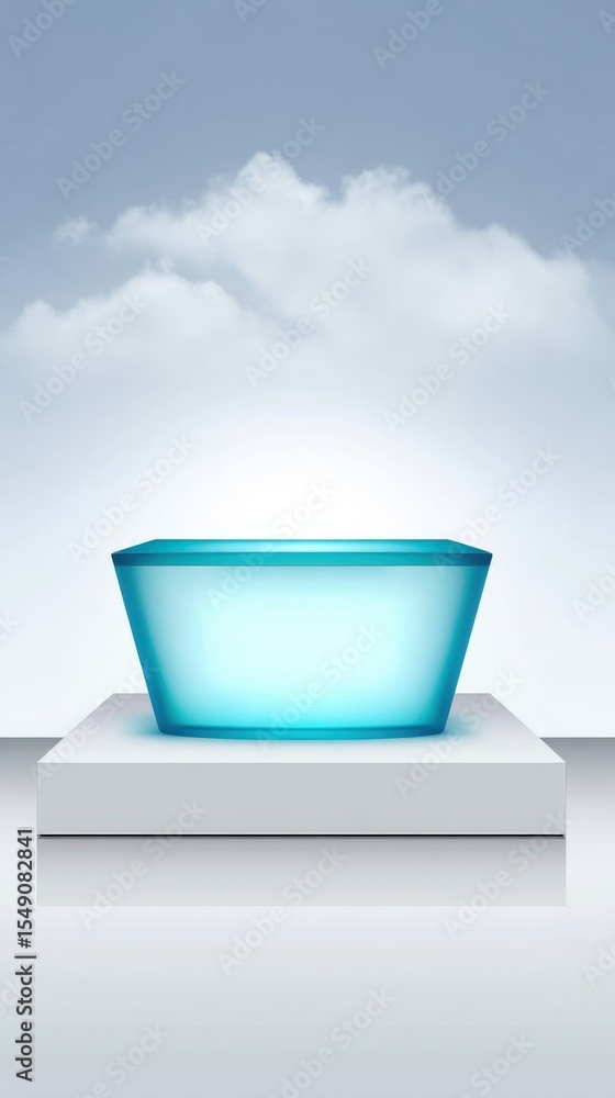 Poster Minimalist modern bright blue illuminated rectangular display platform on pedestal with cloudy sky background