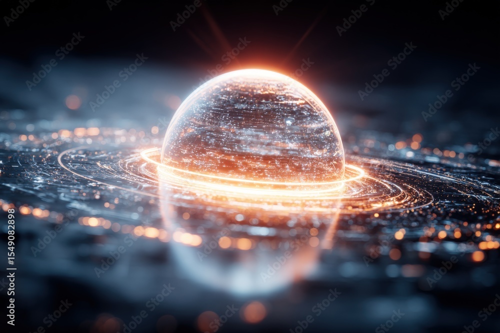 Poster futuristic glowing planet with s in outer space illuminated by bright cosmic light