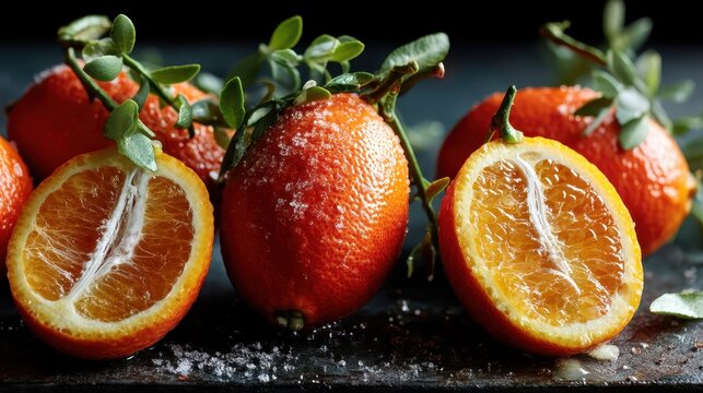 Ripe kumquats are elegantly sliced in half, revealing their juicy interior, garnished with fresh green leaves, showcasing a vibrant display of freshness and natural beauty. - Powered by Adobe