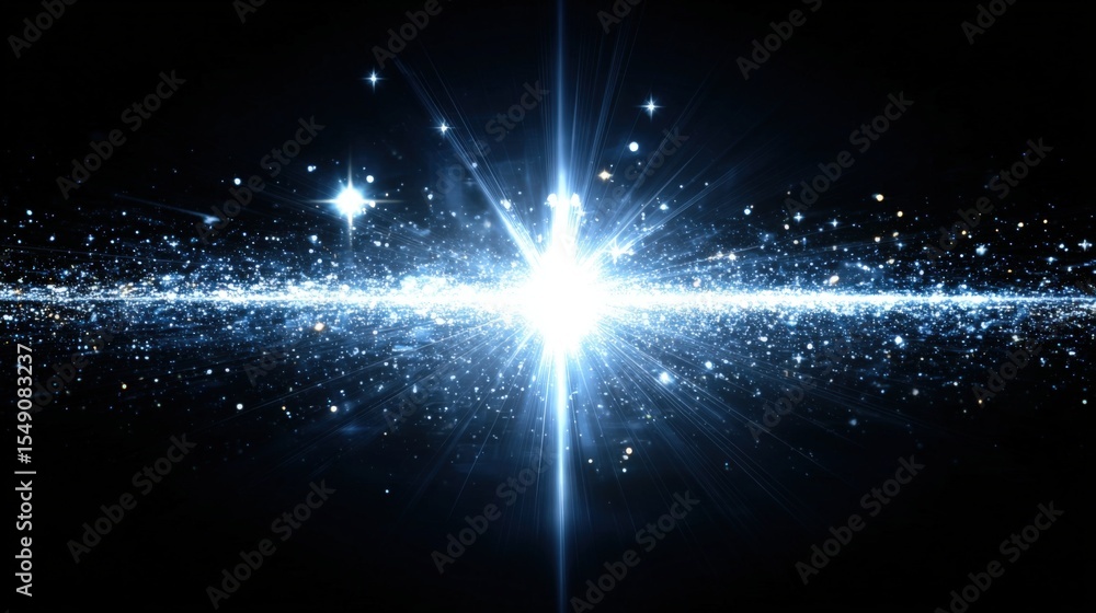 Poster bright radiant starburst explosion in deep space with sparkling particles
