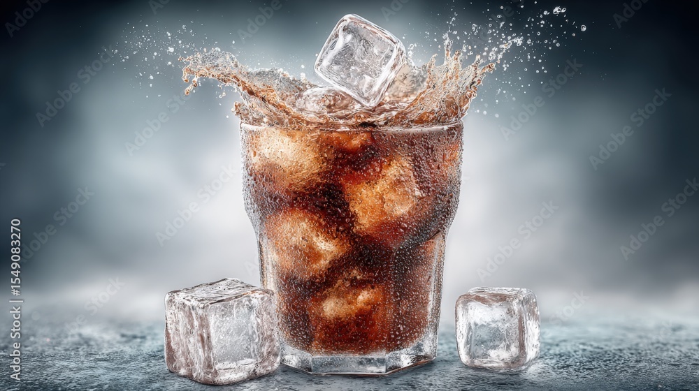 Poster cold beverage with ice cubes splashing into glass creating a refreshing drink scene
