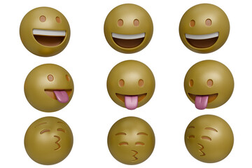 Nine 3D rendered emoticons display variations of smiling, sticking out tongues, and blowing kisses, arranged in a 3x3 grid on a black background.  Each emoticon is round, gold-toned