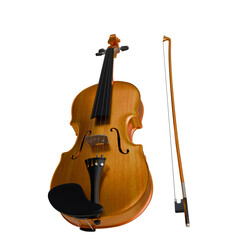 amber-hued violin rests on a black background, its bow lying alongside.  The instrument displays intricate detailing, including a chin rest and fine wood grain.  The image offers a clear