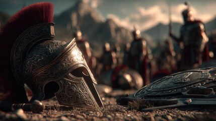 Ancient Greek warrior helmet and shield lying on battlefield with soldiers in background
