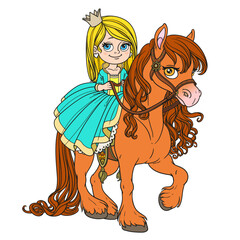 Beautiful cartoon little blond princess in ball dress riding on brown horse on white background