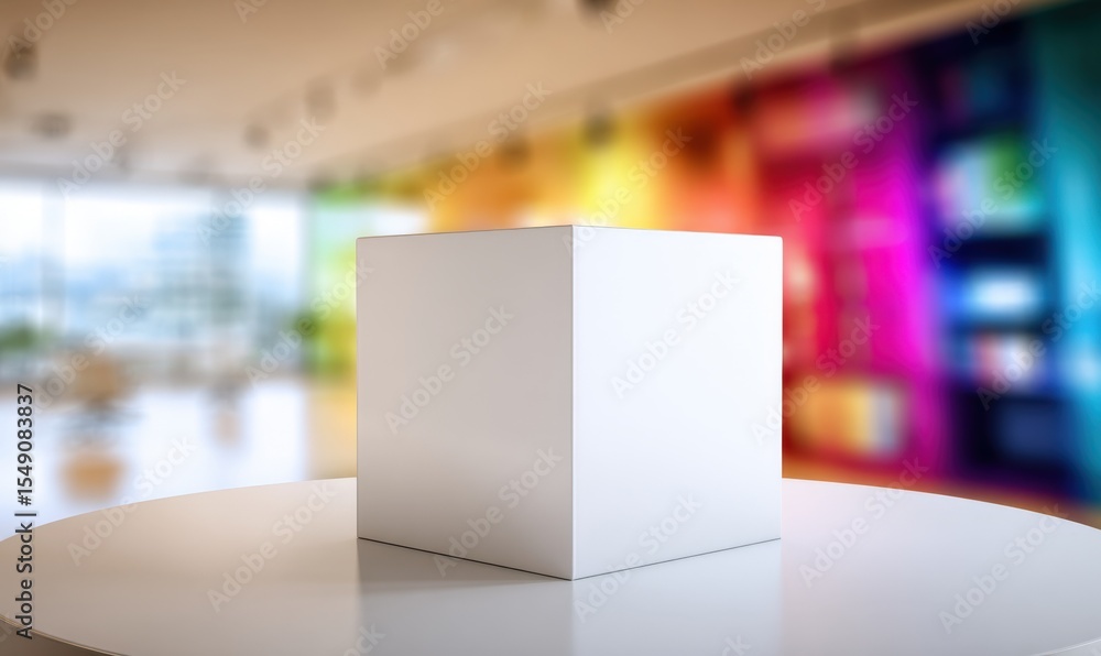 Aufkleber Minimalist White Cube Display Stand on Round Table with Colorful Modern Background