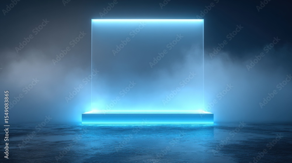 Poster mystical blue glowing cube on platform surrounded by mist in dark atmosphere