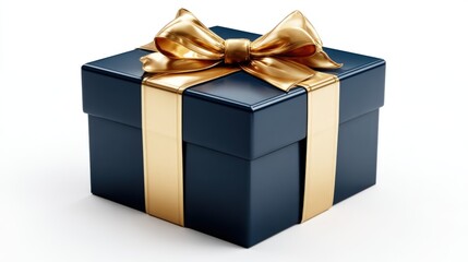 Elegant navy blue gift box with shiny gold ribbon and bow for special occasion