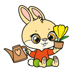 Cute beige bunny holds in paws a pot with yellow spring crocus flower and a watering can