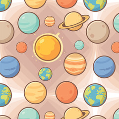 Seamless vector pattern featuring colorful cartoon planets and the sun. Perfect for kids’ fabric, space-themed textiles, wallpapers, and educational designs