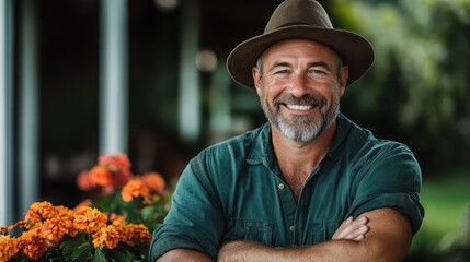 A cheerful middle-aged man in a hat smiles broadly while surrounded by vibrant flowers, combining elements of nature and human happiness in a picturesque outdoor setting.