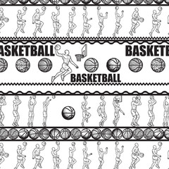 Seamless black and white basketball pattern designed for fabric prints and textile surfaces. Ideal for sportswear, activewear, and themed fabric design.