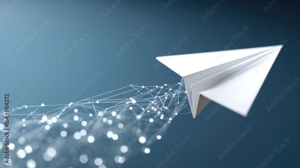 Poster Paper airplane flying through a digital network with glowing connected dots and lines