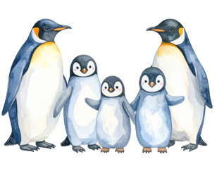 Obraz premium Adorable penguin family, three adult penguins and their cute babies huddling together