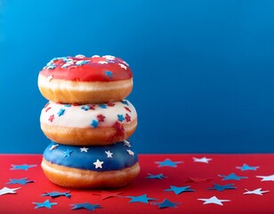Fourth of july concept. Close-up blue, white and red  glazed donuts with red, white and blue cream decorations on red table on blue background wity white star decorations. Generated image