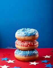 Fourth of july concept. Close-up blue, white and red  glazed donuts with red, white and blue cream decorations on red table on blue background wity white star decorations. Generated image