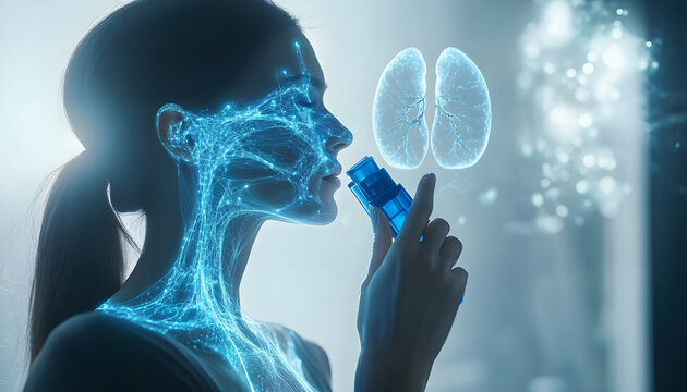 Woman uses smart inhaler device for respiratory health. Modern medical tech helps asthma patients manage conditions, treatment