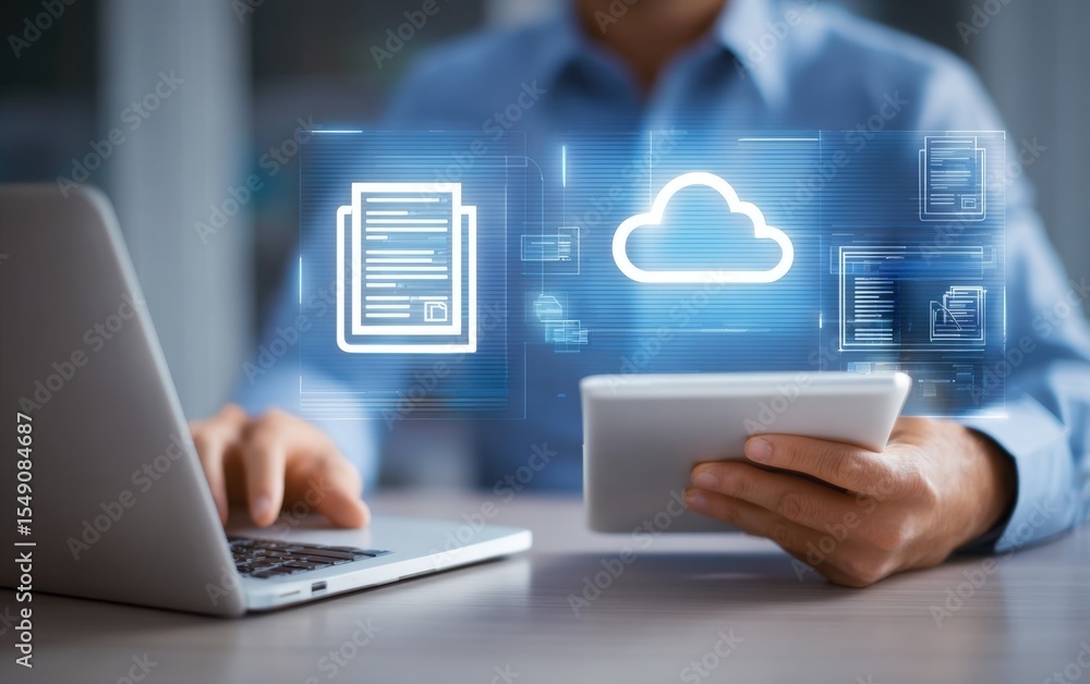 Aufkleber Modern technology businessman using digital tablet and cloud computing in office