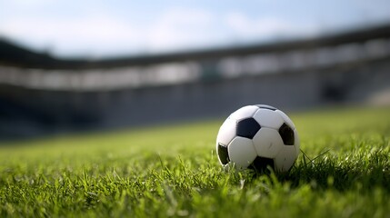 Fototapeta premium A traditional soccer ball on green grass, symbolizing the essence of the beautiful game.