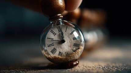 Close-up of vintage glass pocket watch with Roman numerals and wooden accents