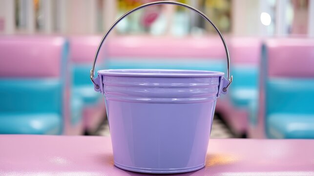 Retro plastic bucket in pastel lavender on a softly blurred retro diner seating backdrop
