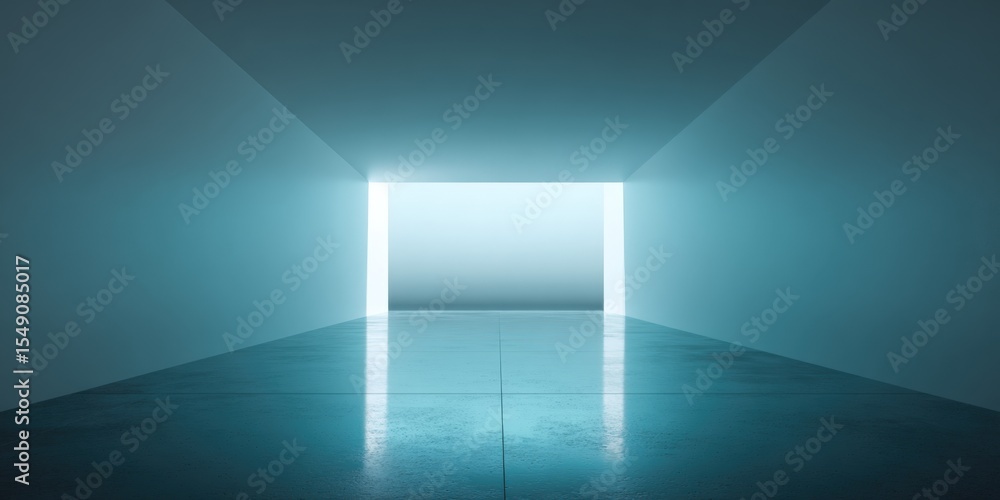 Poster Modern minimalistic interior with illuminated rectangular opening at end of corridor