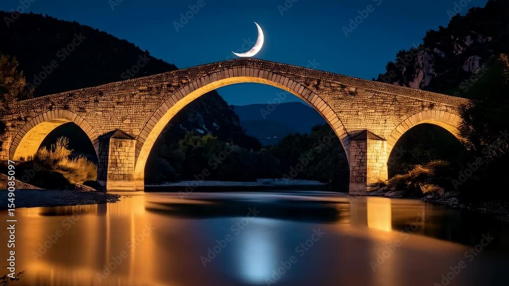Poster illuminated ancient stone bridge reflects in river under crescent moon at night with dark mountains 