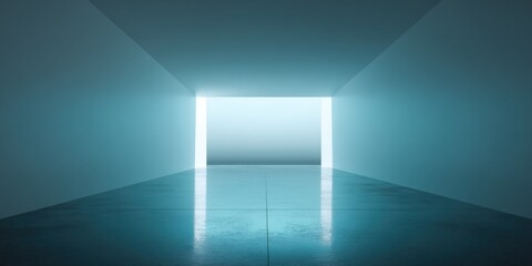 Modern minimalistic interior with illuminated rectangular opening at end of corridor