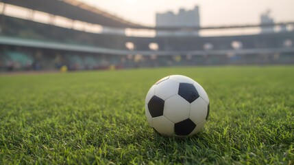 Fototapeta premium A traditional soccer ball on green grass, symbolizing the essence of the beautiful game.