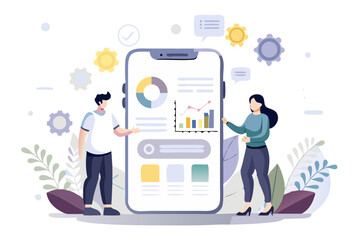 Data analysis on mobile phone with team for business development strategy