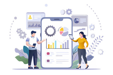 Business analysis app with data visualization and team collaboration illustration
