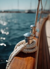 Obraz premium Close-up of polished metal cleat with thick nautical rope on wooden boat railing
