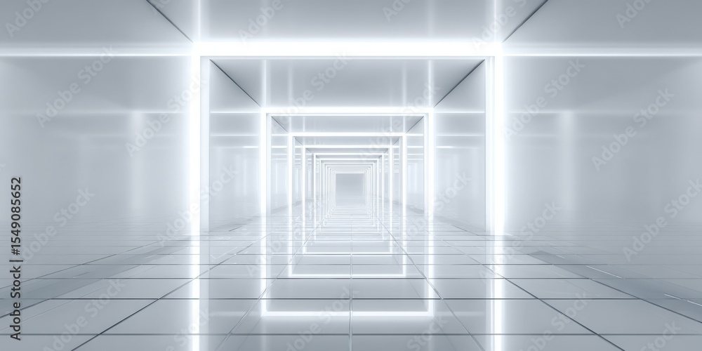 Poster futuristic white tunnel with glowing geometric light patterns and reflective surfaces