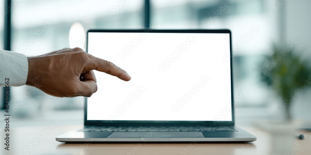 Poster person pointing at empty white laptop screen in modern office setting with plants