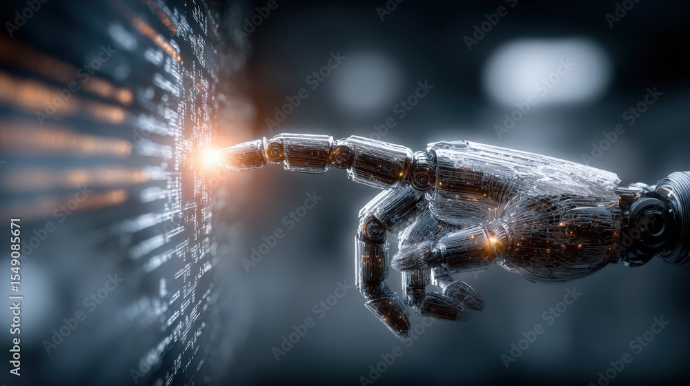 Poster futuristic robotic hand interacting with digital interface highlighting technology innovation