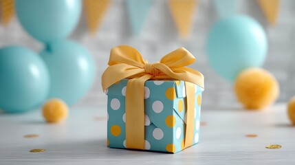 Playful polka-dot gift box in teal with yellow bow on a softly blurred childrenâ€™s birthday backdrop