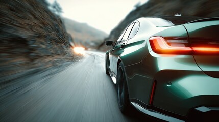 Sleek modern sports car moving at high speed on winding mountain road du sunset