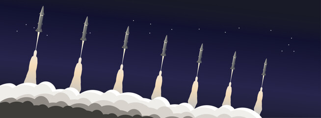 Rocket missiles launched simultaneously. Modern war illustration. Ballistic missile war with billowing smoke and night sky. World war art