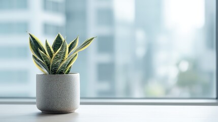 Interior mockup of a snake plant in a ceramic pot on a minimalist office desk with blank space for text and softly blurred background